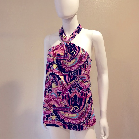 JLO Jennifer Lopez Summer Halter Top Womens Medium Psychedelic Pink Black Yellow - Picture 6 of 10